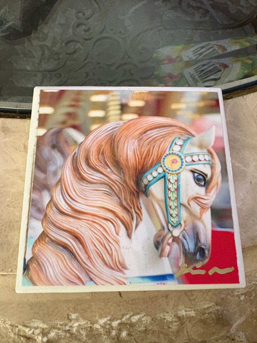 Carousel Horse Art Tile - Brown & Teal Decorative Coaster